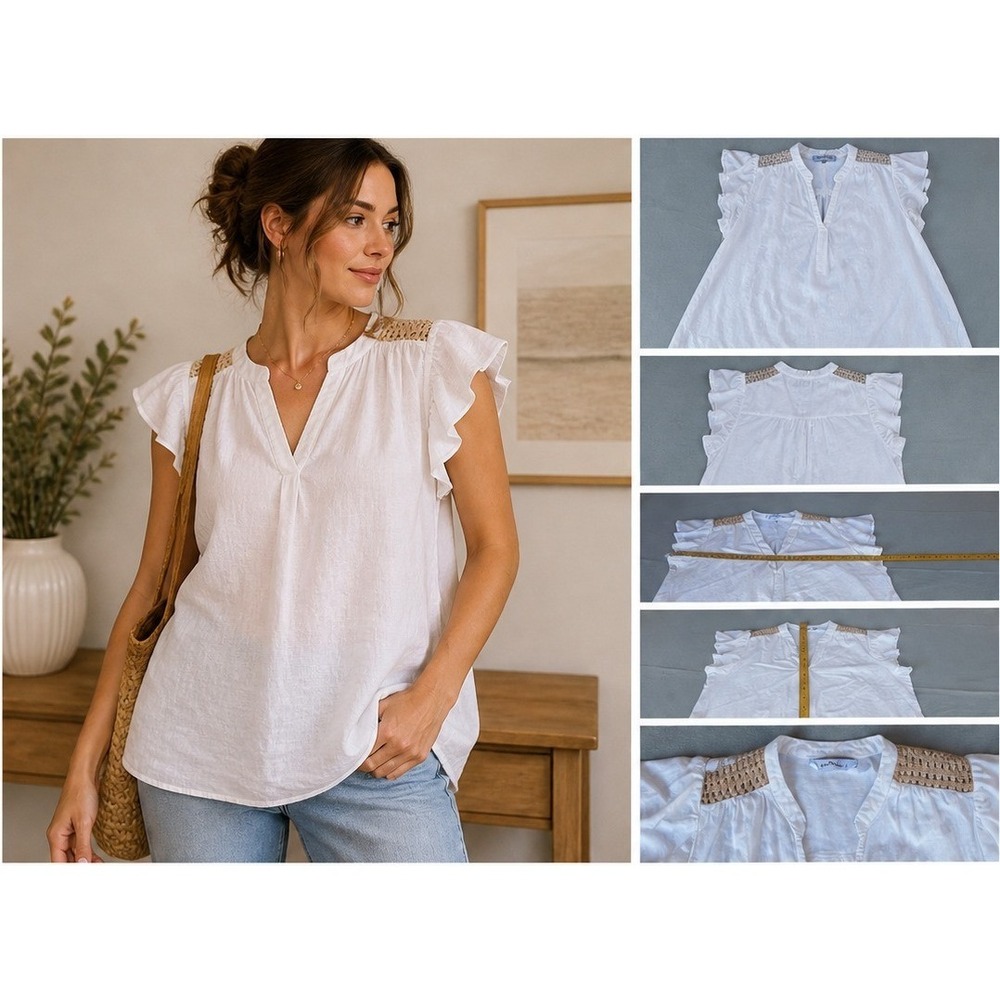 Studio‎ Park Linen Blouse Womens Large White Crochet Flutter Sleeve Boho Chic